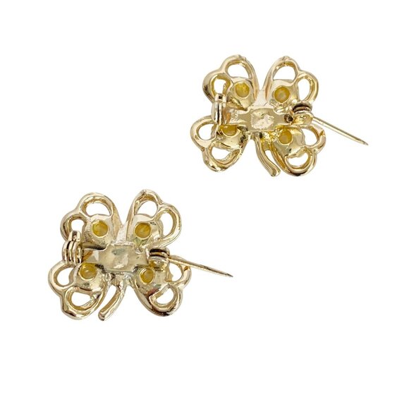 Shamrock 4Leaf Clover Sweater Scatter Pins Faux Pearl Rhinstone Gold Tone Set 2 - Picture 5 of 7